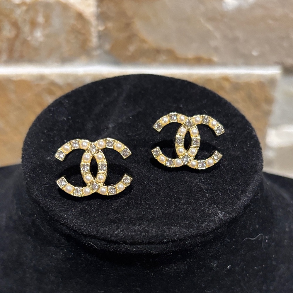 Gold Crystal Interlocking Logo Stud Earrings - image 1